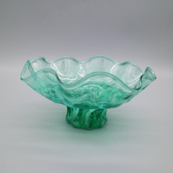 Vintage Green Marbled Swirl Glass Pedestal Bowl with Ruffled Edge, Footed Candy - Picture 5 of 6